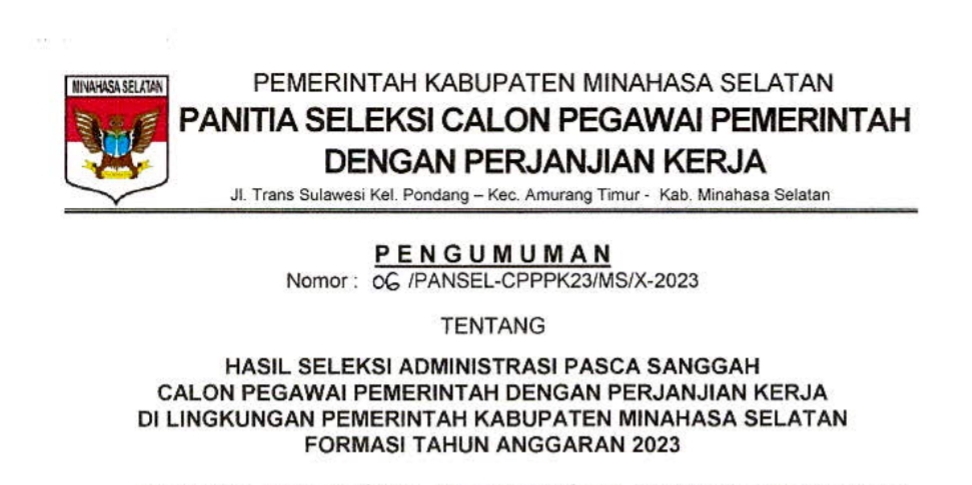 Pengumuman Hasil Seleksi Administrasi Pasca Sanggah Calon PPPK di Lingkungan Pemerintah Kabupaten Minahasa Selatan Formasi Tahun Anggaran 2023