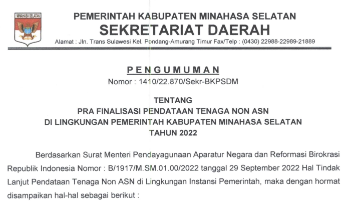 Pengumuman Pra Finalisasi Pendataan Tenaga Non ASN di lingkungan Pemerintah Kabupaten Minahasa Selatan Tahun 2022