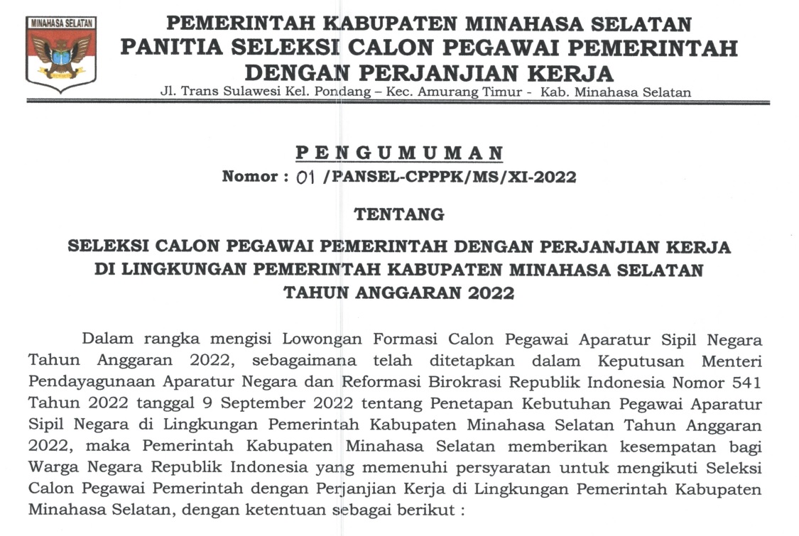 SELEKSI CALON PEGAWAI PEMERINTAH DENGAN PERJANJIAN KERJA DI LINGKUNGAN PEMERINTAH KABUPATEN MINAHASA SELATAN TAHUN ANGGARAN 2022