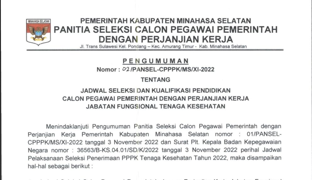 Jadwal Seleksi dan Kualifikasi Pendidikan Calon Pegawai Pemerintah Dengan Perjanjian Kerja Jabatan Fungsional Tenaga Kesehatan