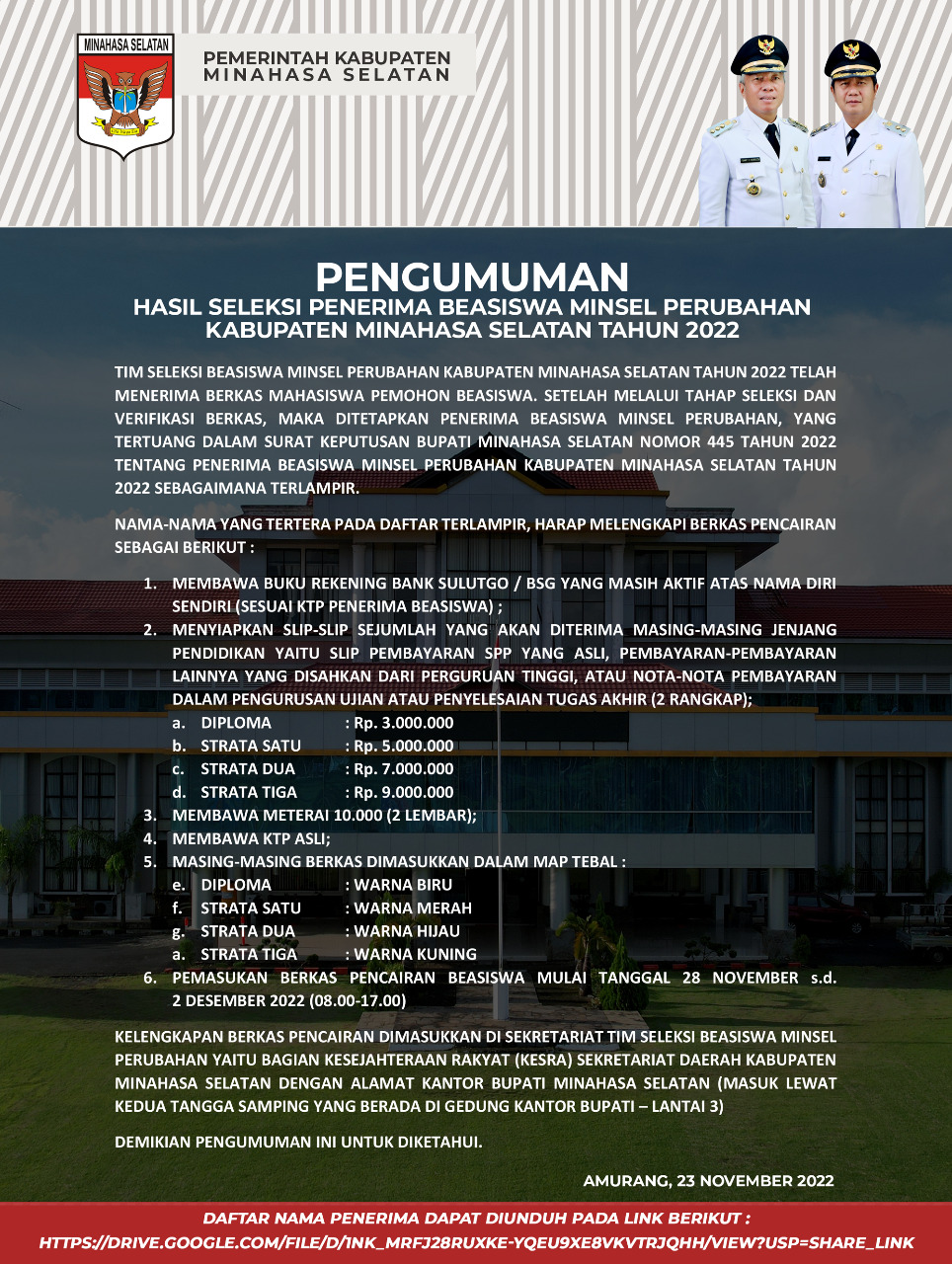 Hasil Seleksi Penerima Beasiswa "Minsel Perubahan" Tahun 2022