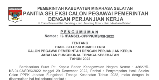 Hasil Seleksi Kompetensi Calon PPPK Tenaga Kesehatan Tahun 2022