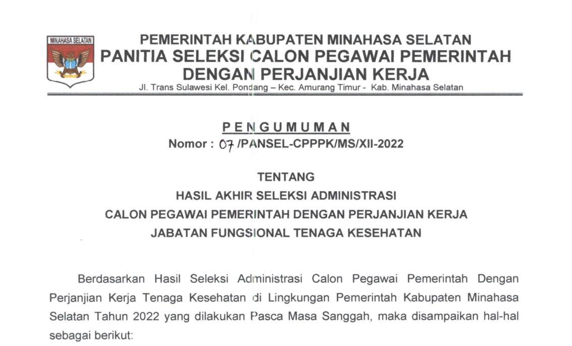 Hasil Akhir Seleksi Administrasi Calon Pegawai Pemerintah Dengan Perjanjian Kerja Jabatan Fungsional Tenaga Kesehatan
