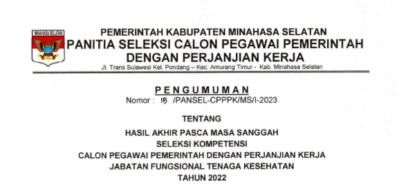 Pengumuman Hasil Akhir Pasca Masa Sanggah Seleksi Kompetensi Calon PPPK Fungsional Tenaga Kesehatan 2022
