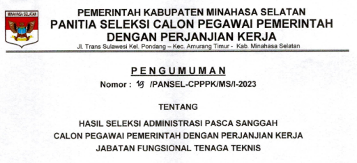 Hasil Seleksi Administrasi Pasca Sanggah Calon PPPK Fungsional Tenaga Teknis