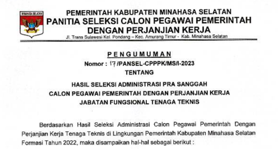Hasil Seleksi Administrasi Pra Sanggah Calon PPPK Fungsional Tenaga Teknis