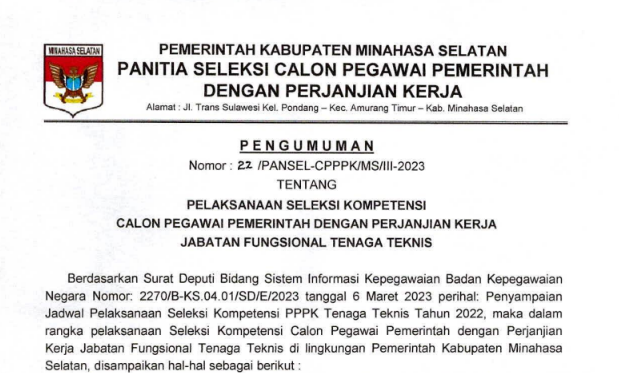 Pengumuman Seleksi CPPPK Tenaga Teknis