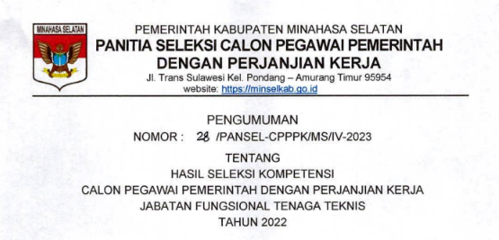 PENGUMUMAN HASIL SELEKSI KOMPETENSI CALON PPPK JABATAN FUNGSIONAL TENAGA TEKNIS