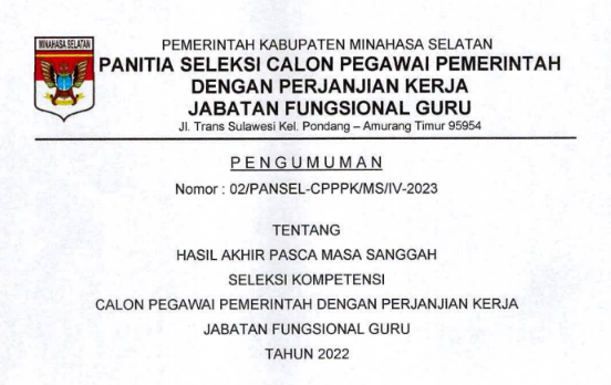 PENGUMUMAN HASIL AKHIR PASCA MASA SANGGAH SELEKSI KOMPETENSI CPPPK FUNGSIONAL GURU TAHUN 2022