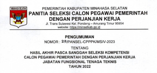 PENGUMUMAN HASIL AKHIR PASCA SANGGAH SELEKSI KOMPETENSI CALON PPPK TENAGA TEKNIS TAHUN 2022