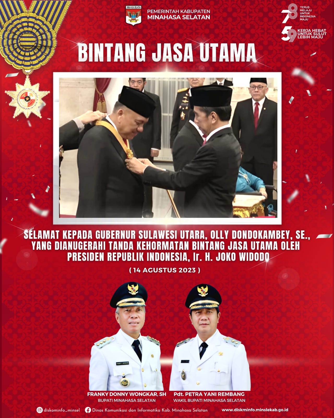 Selamat atas Penganugerahan Bintang Jasa Utama Gubernur SULUT OLLY DONDOKAMBEY, SE.
