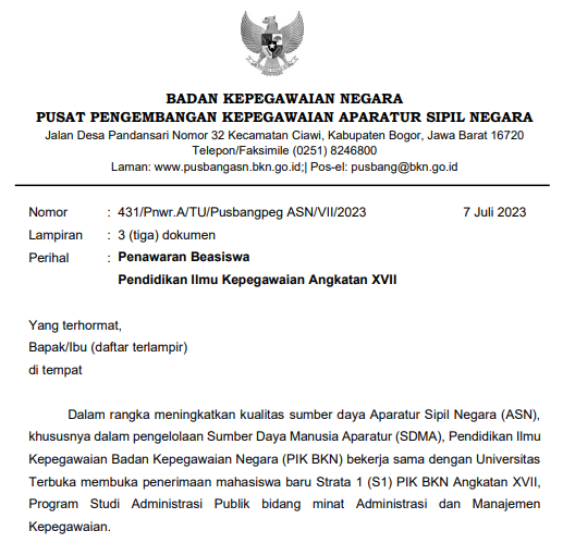 Penawaran Beasiswa Pendidikan Ilmu Kepegawaian Angkatan XVII