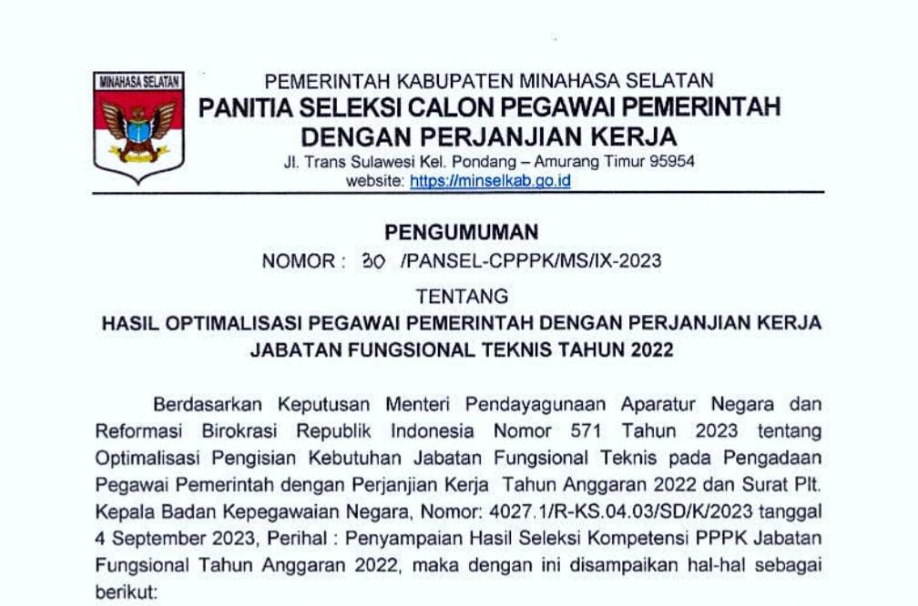 Pengumuman Hasil Optimalisasi PPPK Jabatan Fungsional Teknis Tahun 2022